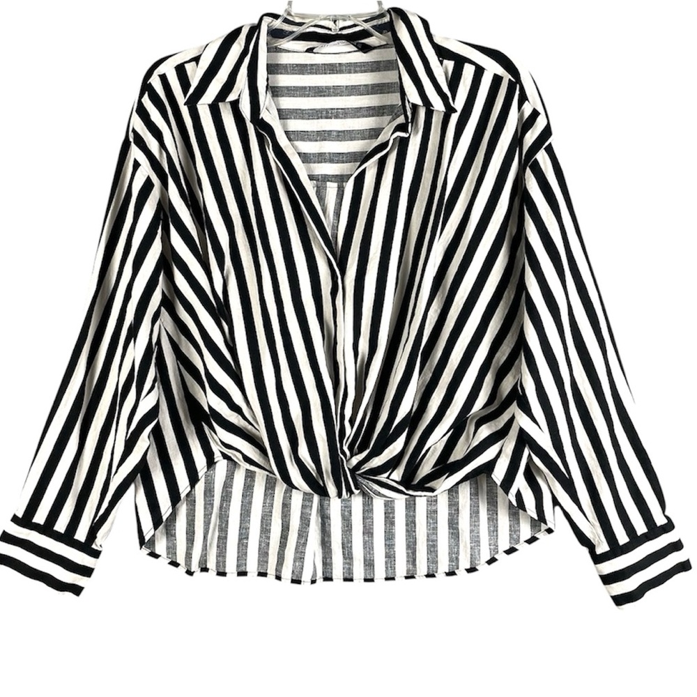ZARA Linen Viscose Black & White Striped Button Down Shirt w Twisted Front Hem